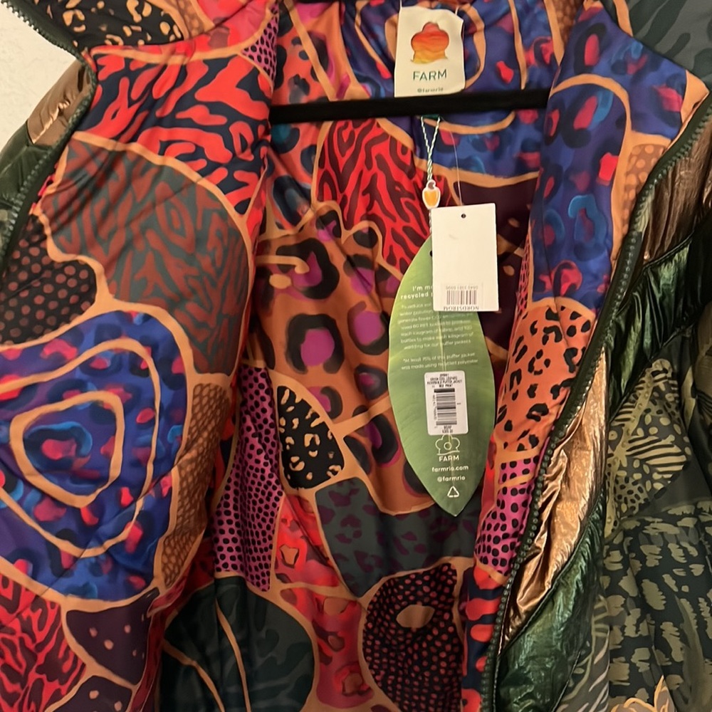 NEW NWT Farm rio green cool leopard reversible puffer jacket Small - Picture 6 of 9